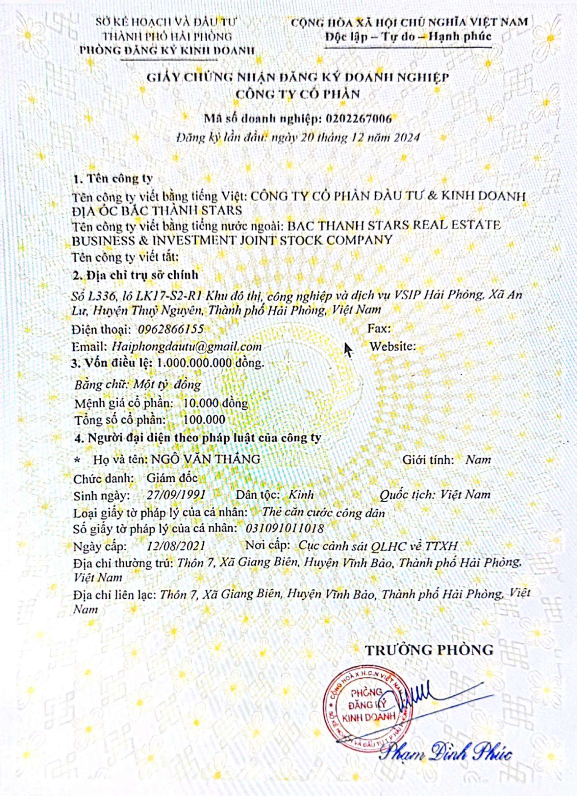 Giấy phép kinh doanh Bắc Thành Stars